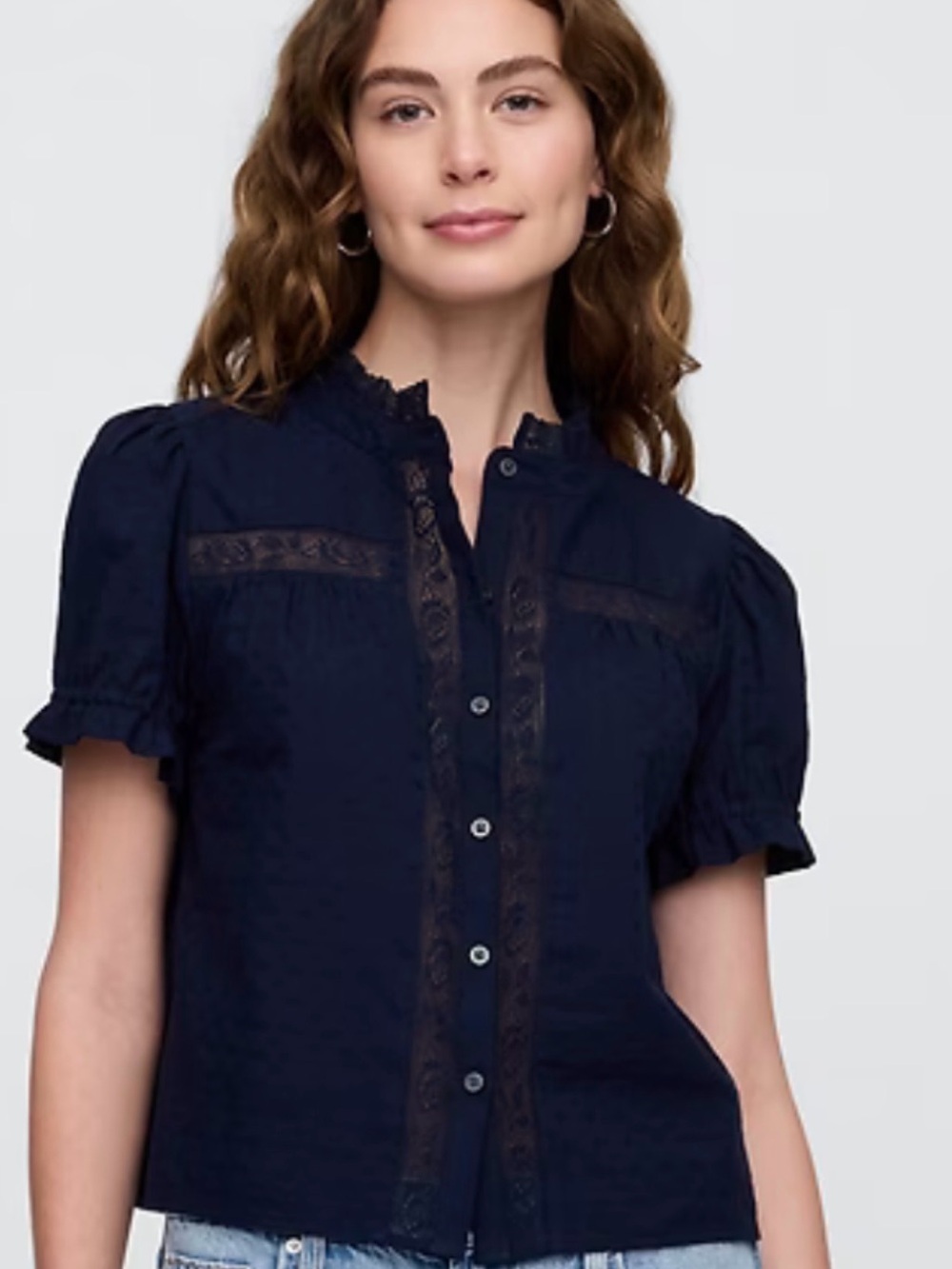 *SOLD* GAP Relaxed Lace Puff Sleeve Top – 100% cotton - Navy | Medium - Picture 3 of 10